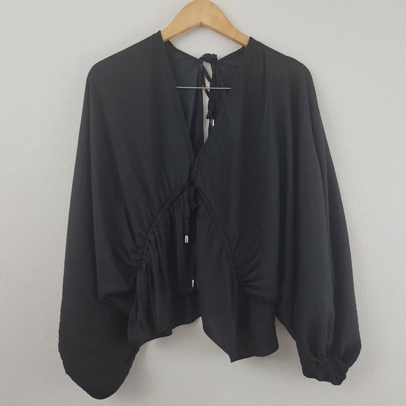 Free People Elouise Black Satin Long Sleeve Blouse Oversized Boho V-Neck Top XS - Picture 2 of 13